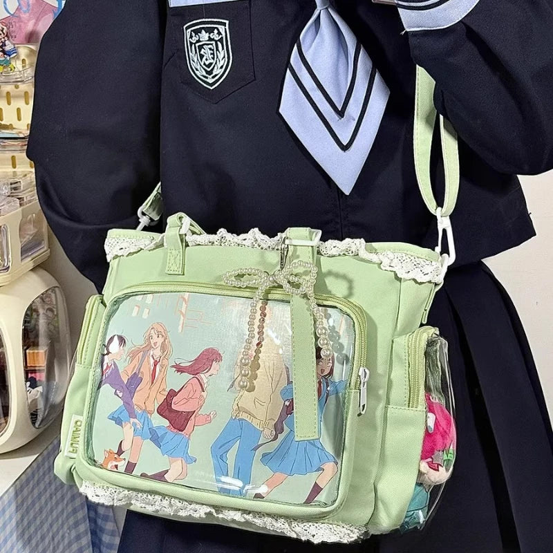 Italife New Women Cute Lace Ita Bag with Pearl Bow | Kawaii Large Tote with Insert for Pin Display | Comic Con Big Handbag Luxegan