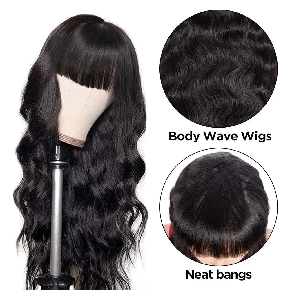 12A Grade Peruvian Body Wave Human Hair Wig with Bangs | Fully Machine-Made Glueless Fringe Wig | Premium Remy Human Hair Clearance Sale Wig for Women Luxegan