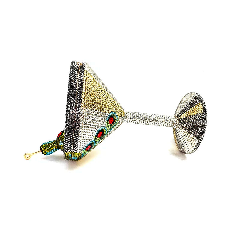 Stunning Rhinestone Martini Glass Purse | Sophisticated Luxury Crystal Olive Cocktail Bag | Elegant Bridal & Evening Party Clutch | "Dignified" Hard-Shell Metallic Minaudière for High-Fashion Styling Luxegan
