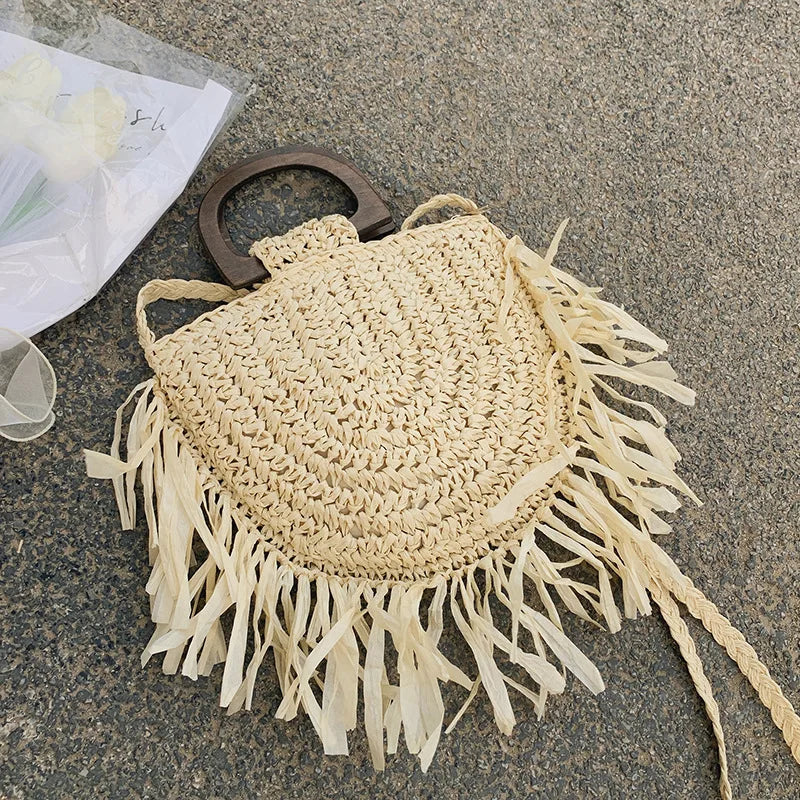 Handmade Semicircle Straw Bag | Sophisticated Woven Bohemian Crossbody | Elegant Holiday Beach Basket | Luxury "Dignified" Casual Shopping Tote with Tassel Decoration Luxegan