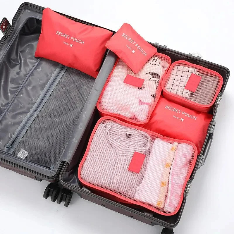 6Pcs Luggage Travel Bags | Underwear Shoes Storage Bag & Oxford Waterproof Cloth Suitcase Pouch Cube (Red Organiser for Clothing) Luxegan