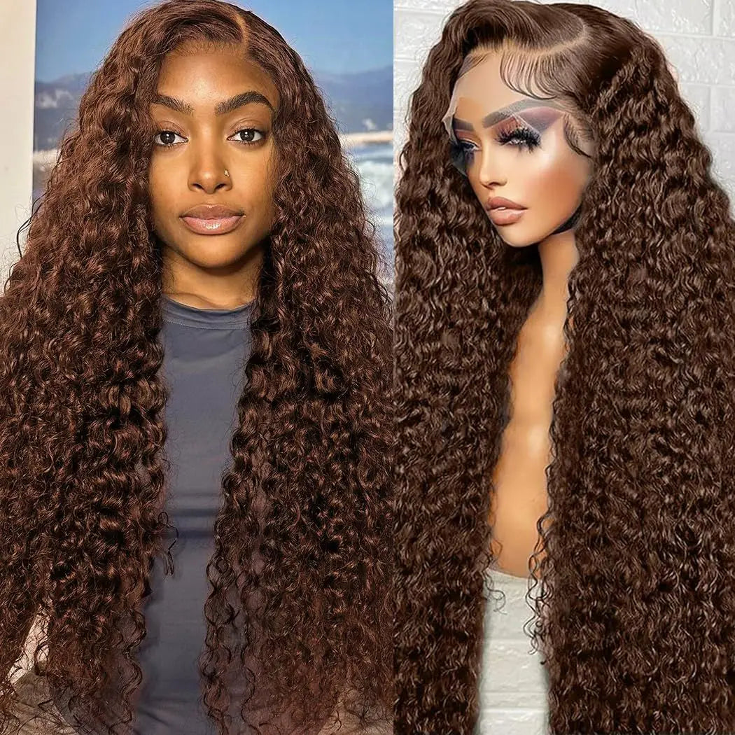Chocolate Brown Deep Wave HD Lace Frontal Wig | Sophisticated 200% Density Transparent Lace | Elegant "Brazilian Remy" 18-24 Inch Silhouette | "Dignified" Water Wave Human Hair for Radiant Versatile Styling Luxegan
