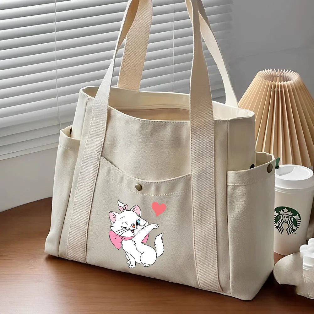 The Aristocats Marie Cat Large Capacity Canvas Tote Bags | Work Commuting Carrying Bag Student Outfit Book Shoulder Shopping Bag Luxegan