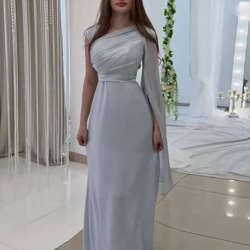 One-Shoulder Hollow Out Satin Spliced Maxi Dress | Long Sleeve Asymmetric Sheath Elegant Party Dress uxegan