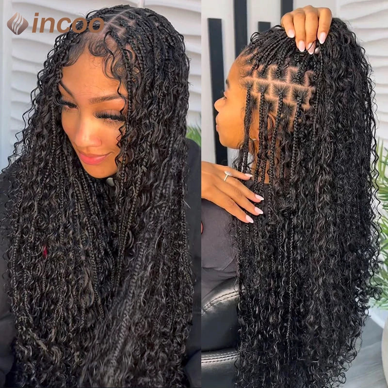 Boho Box Braided Wigs Curly Hair Synthetic Full Lace Front Wigs for Women Goddess Locs Braid Wig Burgundy Bohemian Box Braid Wig Luxegan