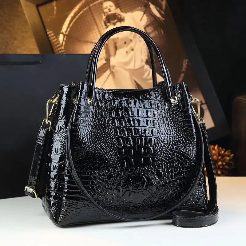 Genuine Leather Crocodile Print Bucket Bag | Vintage Tote & Messenger Luxegan