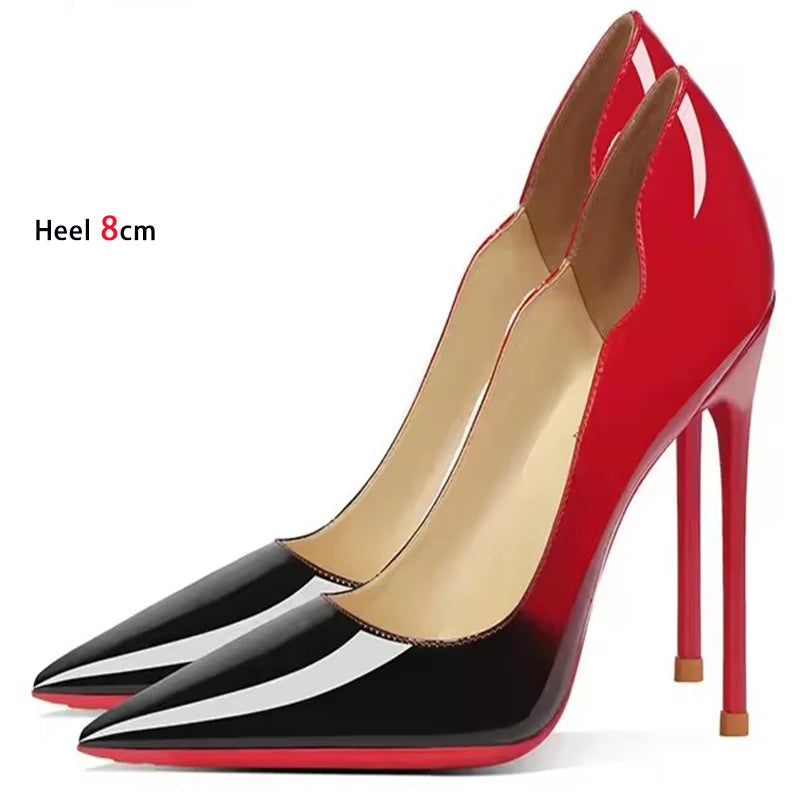 Customized Red-Black Gradient V-Cut Stilettos | Sophisticated 6cm–12cm T-Show Model Pumps | Elegant "Handmade Mixed Color" Silhouette | "Dignified" Sexy Pointed Toe Celebrity Shoes for Radiant Versatile Styling