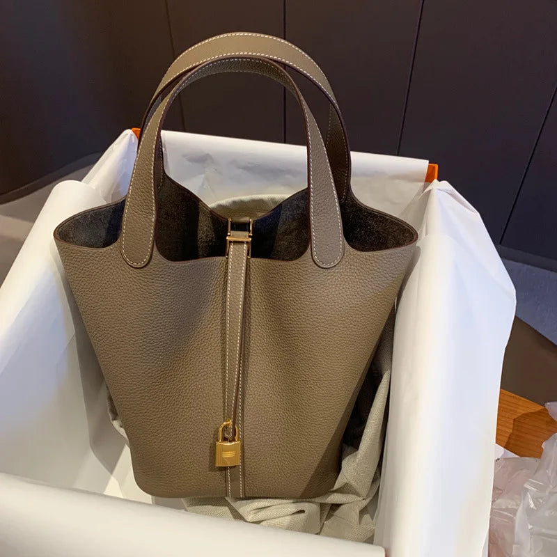 Stylish Bucket Shopping Tote Bag for Women | Soft PU Litchi Pattern Handbag with Lock & Small Horse Scarf (Classic, Versatile) Luxegan