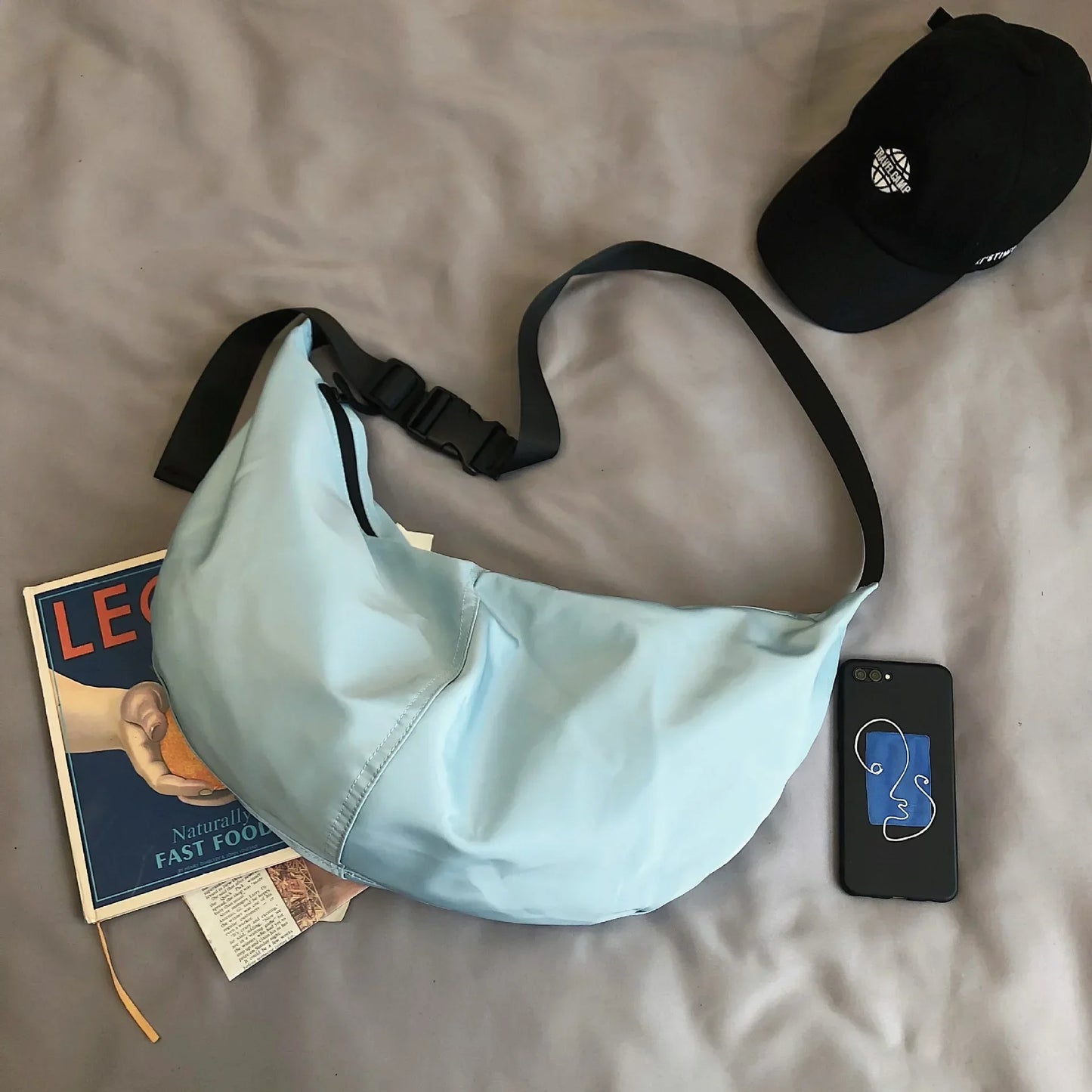 Unisex Solid Color Large Capacity Hobo Crossbody Bag | Harajuku Japanese Style Waterproof Nylon Travel Shoulder Purse Luxegan