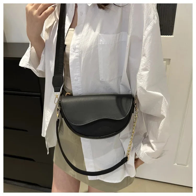 Retro Chain-Strap Saddle Bag | Solid Color Shoulder & Crossbody Purse Luxegan