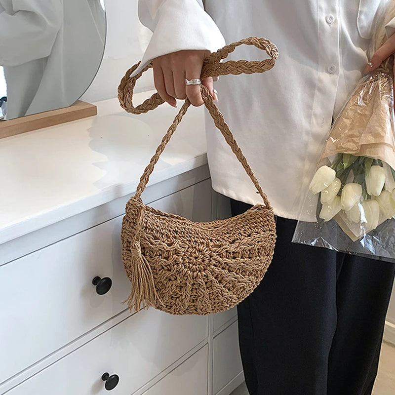 Fashion Semicircle Straw Woven Shoulder Bag | Sophisticated Handmade Rattan Crossbody | Elegant Ladies’ Summer Beach Handbag | Bohemian Saddle Bag with Tassel & Hollow-Out Design Luxegan