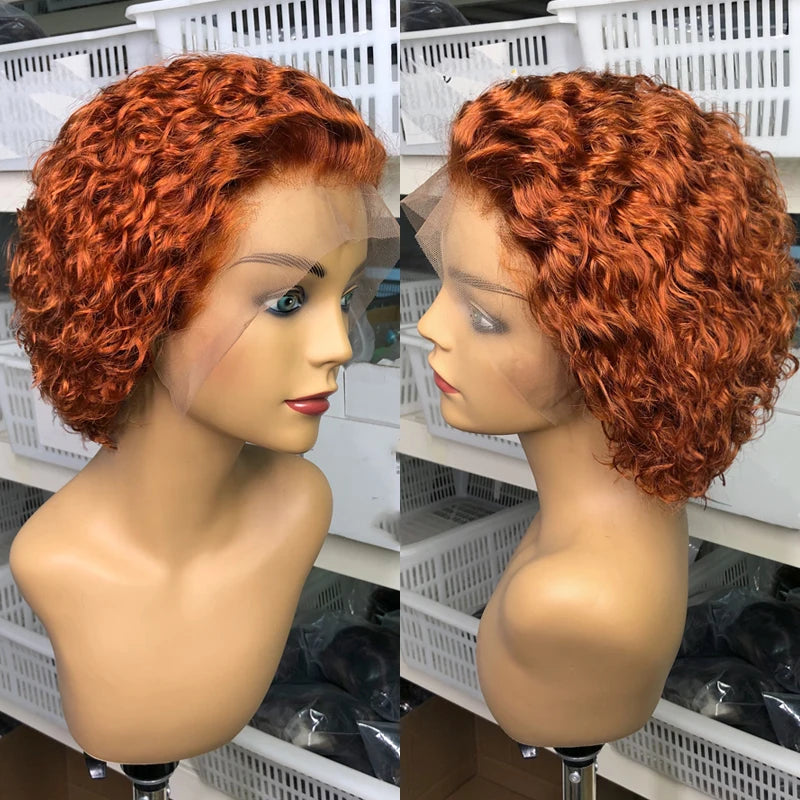 Vibrant Orange Pixie Cut Short Bob Wig - 13x4 Transparent Lace Frontal Human Hair Wig - French Curl Pre-Plucked Brazilian Remy Hair Wig for Women (6 Inch, Glueless) Luxegan