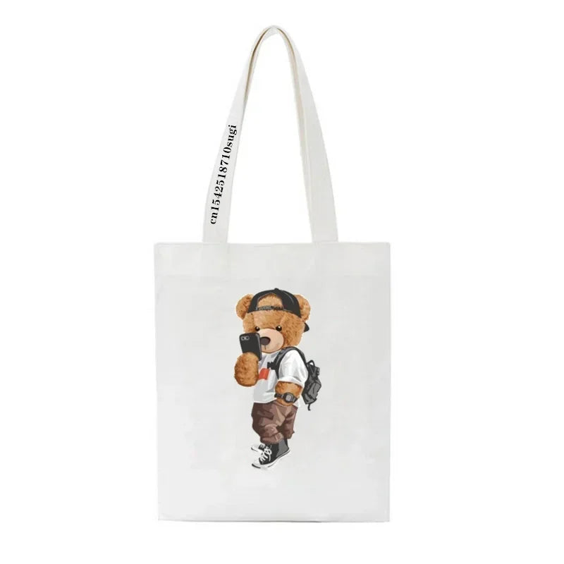 Fashion Bear Print Eco Women Shoulder Bags | Female Handbag Canvas Shopping Bag | Casual Large Ladies Travel Totes Bags Luxegan
