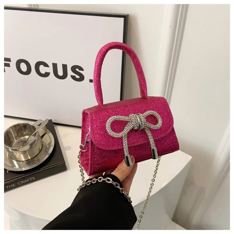 Glitter Small Square Handbag | PU Leather Bow Design Shoulder Bag
