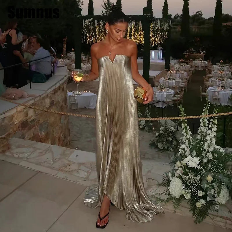 Women's Modern Metallic Strapless Prom Dress | Draped Sleeveless Straight Gala Gown | Elegant Floor-Length Evening Dress | Built-In Bra Pleated Sequin Vestido Model WZ2510221849N Luxegan