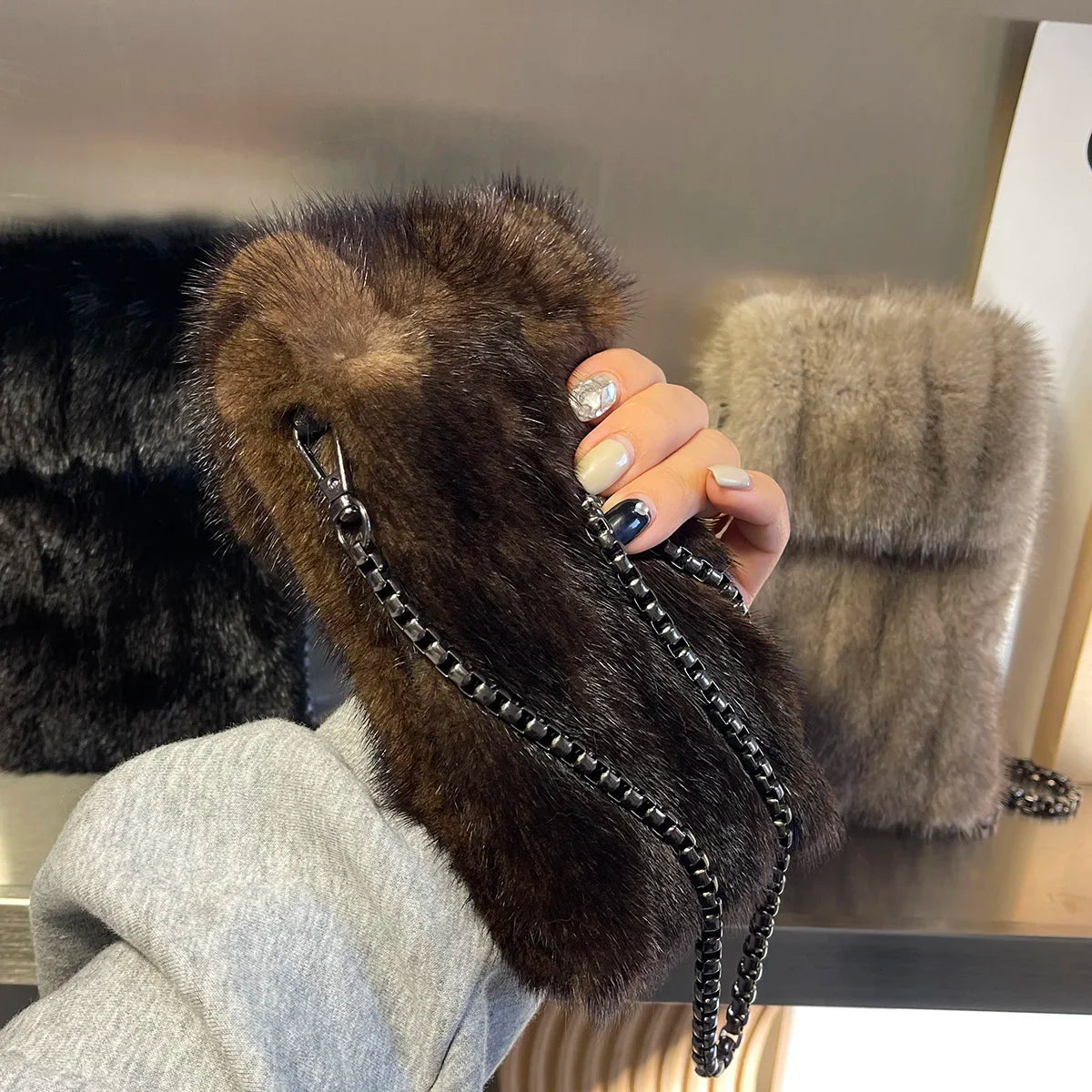 Real Mink Fur Bag Crossbody Bags For Women Phone Bag Lady Shoulder Bags Real Fur Bag Female Messenger Bag Winter Handbag Ladies Luxegan