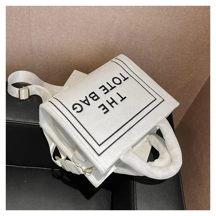 Aesthetic Velour Square Tote Bag | Elegant Letter Print Ladies Shoulder Bag | Sophisticated Felt & Velour Crossbody | Women’s Charisma Top-Handle Handbag with Interior Cell Phone Pocket Luxegan