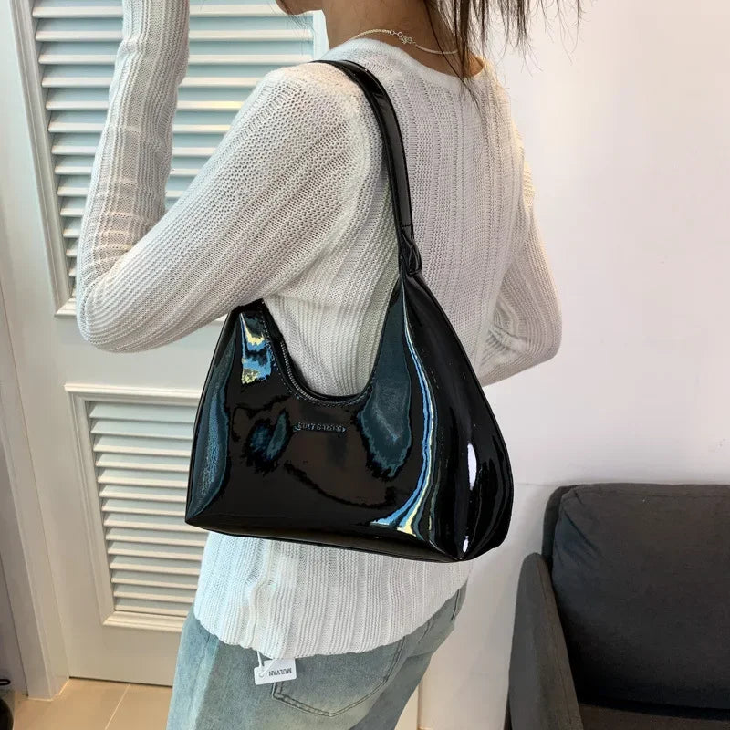 Trendy Designer Solid Shoulder Bags for Women Handbags and Purses | New Fashion Patent Leather Underarm Ladies Tote Bags Luxegan