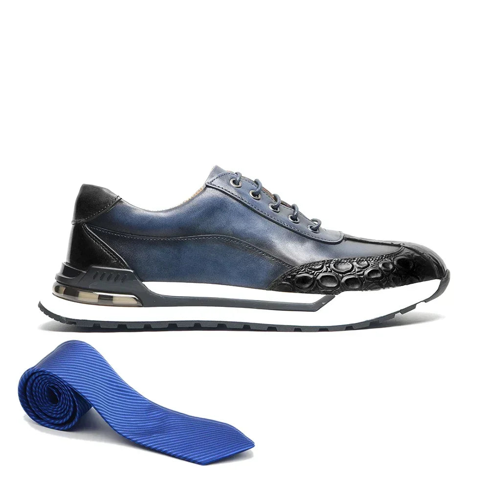 Luxury Designer Men's Genuine Leather Sneakers | Hand-Painted Trendy Double Color Crocodile Print Casual Shoes | Classic France Oxford Brogue Men's Luxury Trainers | Premium Lace-Up Breathable Adult Footwear Model S02739 Luxegan