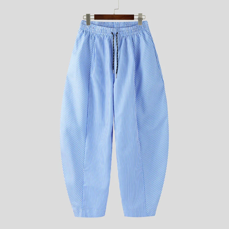 Men's Striped Loose Casual Trousers | Sophisticated "Wide-Leg" Streetwear Silhouette | Elegant "Oversize" Fashion Joggers | "Dignified" High-Performance Drawstring Long Pants for Radiant Versatile Styling Luxegan