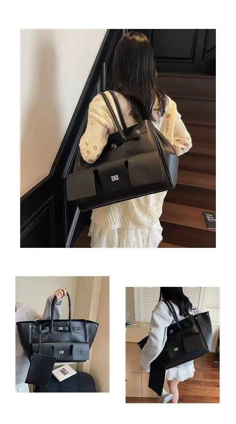 Bolso Tote de Marca Diseño Rodeo Lock Bolso de Mujer Gran Capacidad Bolso de Hombro para el Trabajo Cuero PU Hebilla Punk Bolso de Mano Sencillo y Versátil