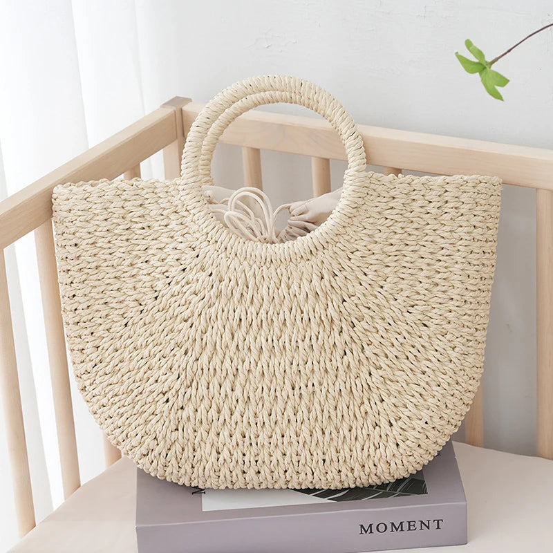 Summer Half-Moon Straw Bag for Women | Sophisticated Handmade Portable Handbag | Elegant Large Capacity Beach Basket | Luxury Bohemian Woven Top-Handle Tote with "Dignified" Artisan Texture Luxegan