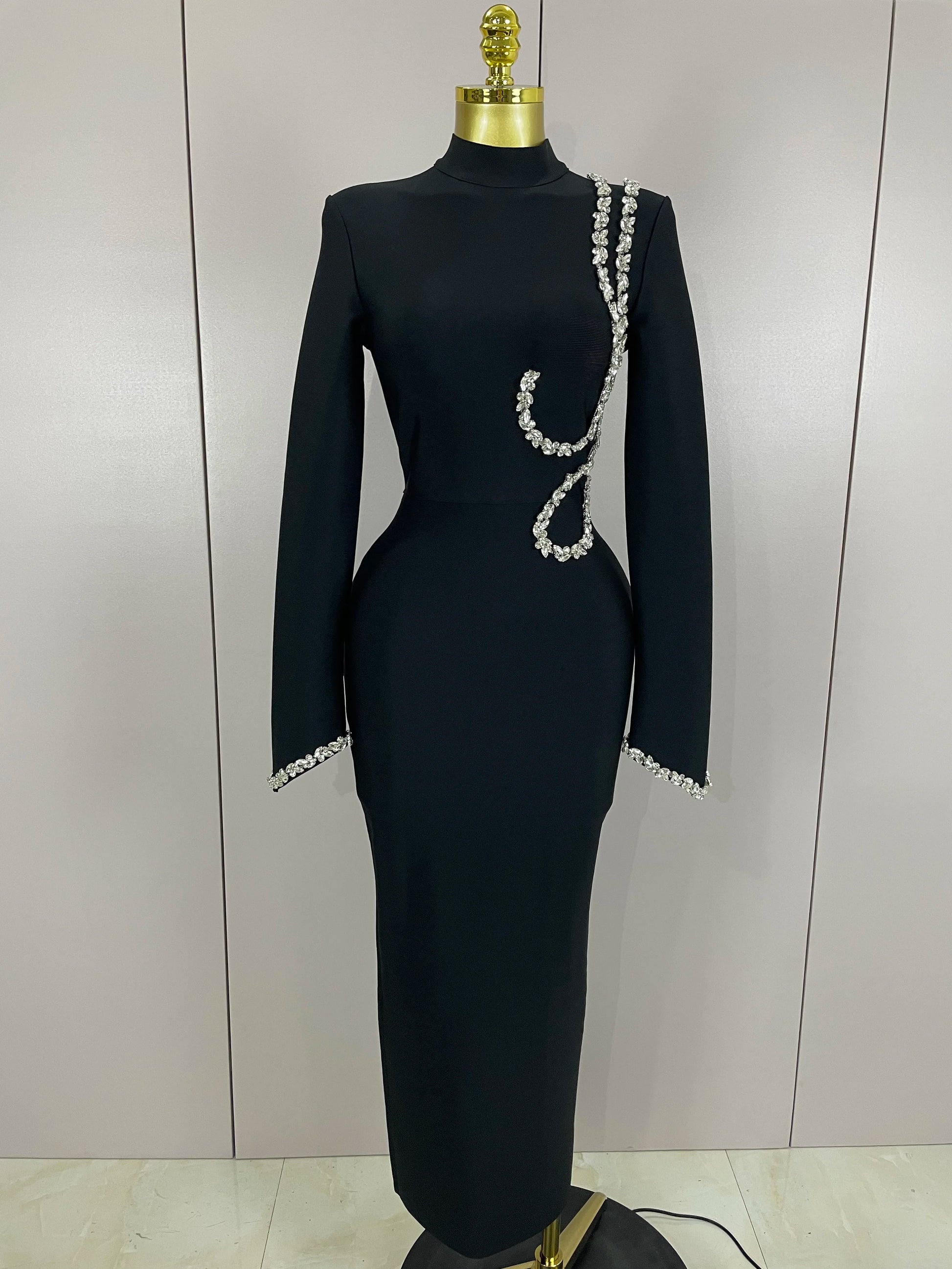 Diamond Appliqué Bodycon Maxi Dress | Long Sleeve High Collar Bandage Evening Dress Luxegan