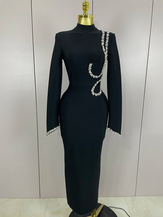 Diamond Appliqué Bodycon Maxi Dress | Long Sleeve High Collar Bandage Evening Dress Luxegan