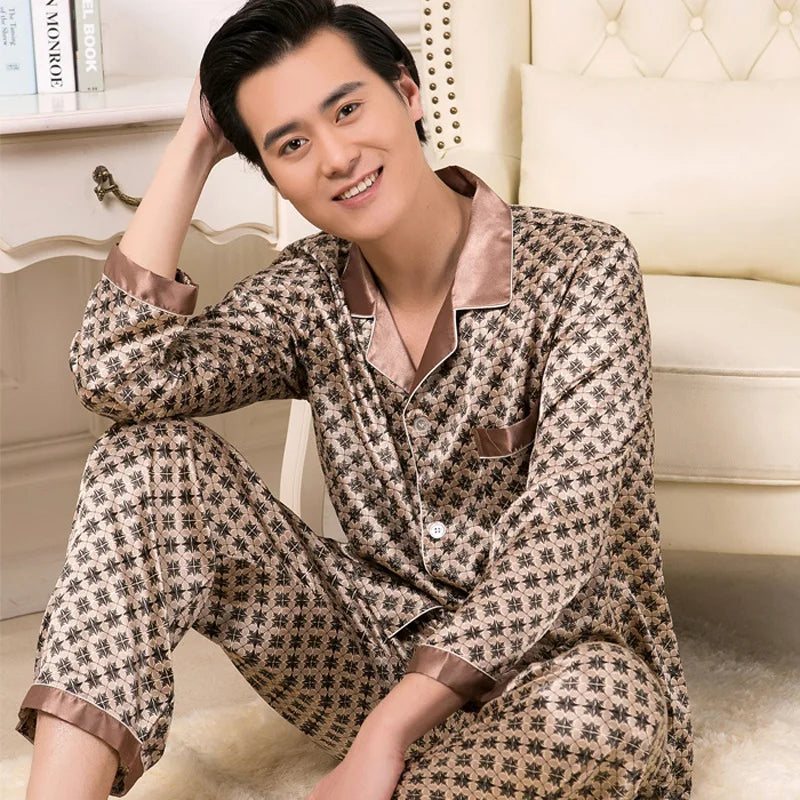 Men's Premium Ice Silk Pajama Set | Luxury Paisley Long-Sleeved Sleepwear Suit | Thin Turn-Down Collar Nightwear | Plus Size High-Quality Home Clothes Male Suit Model SY5004 Luxegan