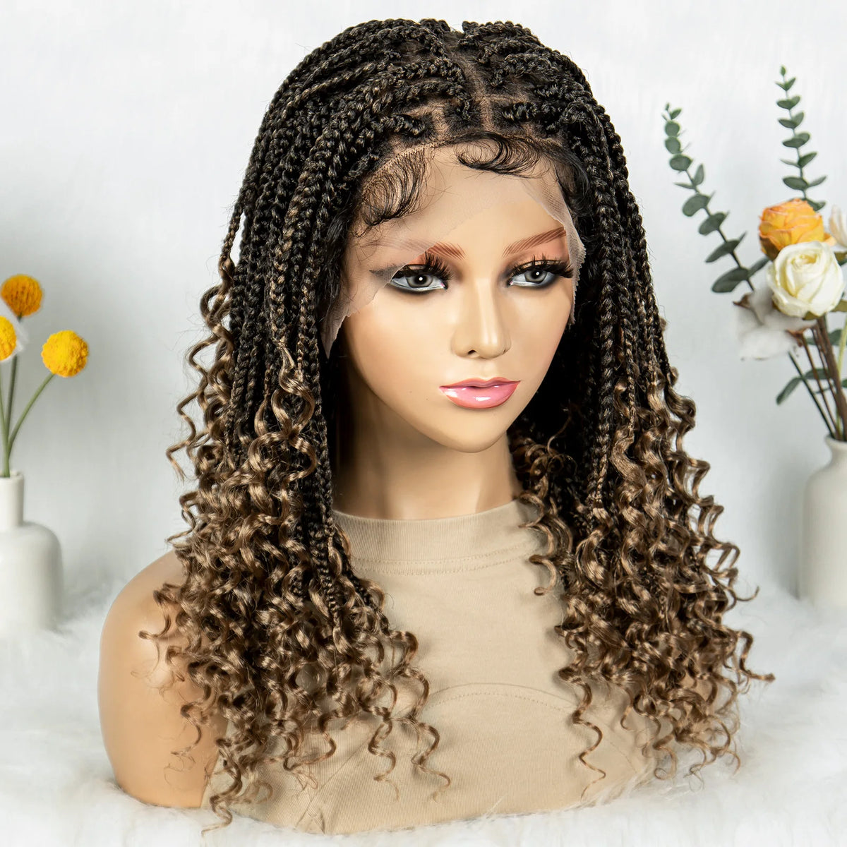 16 Inch Boho Knotless Box Braided Wig | Full Lace | Curly Ends