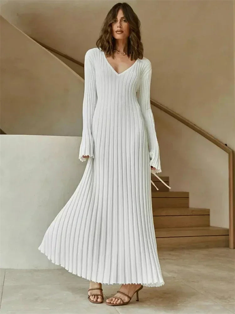 Autumn V-Neck Ribbed Knit Maxi Dress | Sophisticated High-Waist Pleated Gown | Elegant "Butterfly - view 6