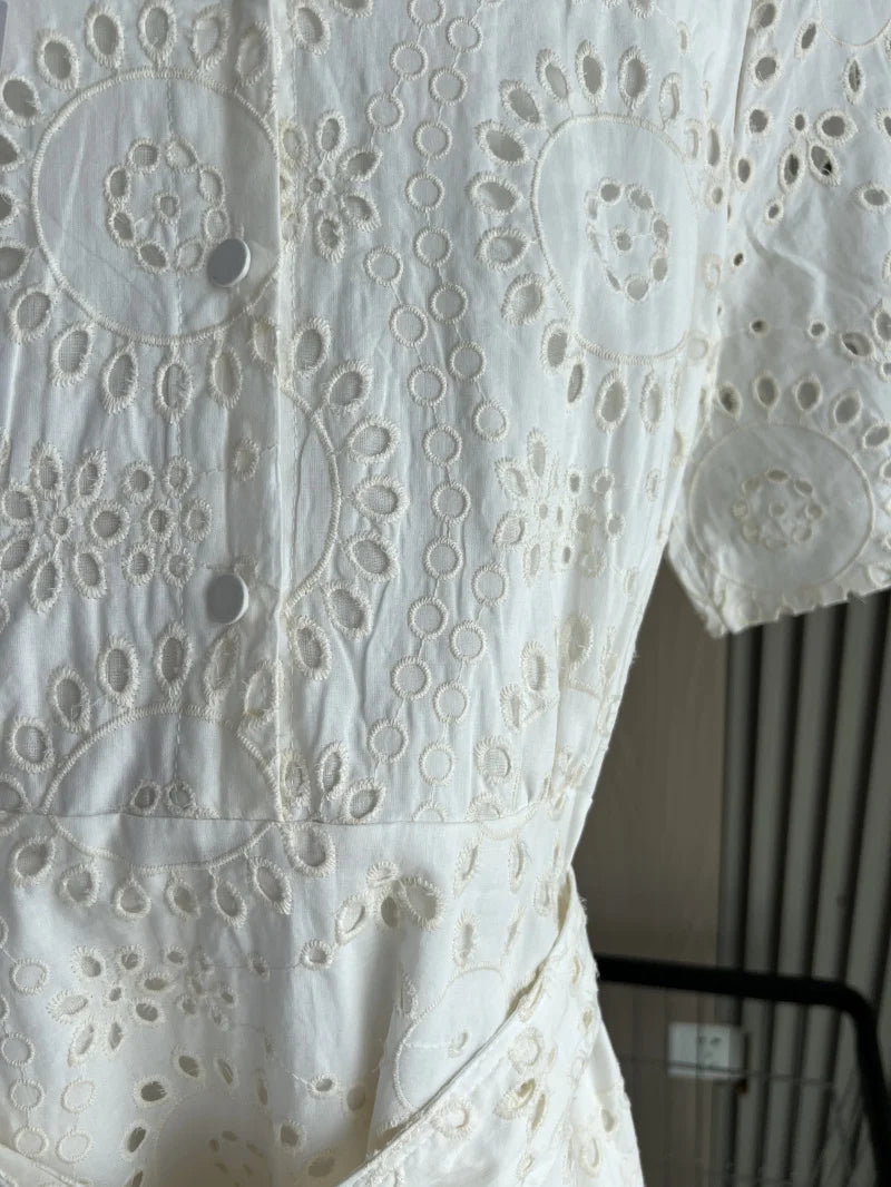 Solid Turn-Down Collar Short Sleeve Hollow Out Regular Fit A-Line Mid-Calf Cotton Dress – Natural Waist, Summer Luxegan