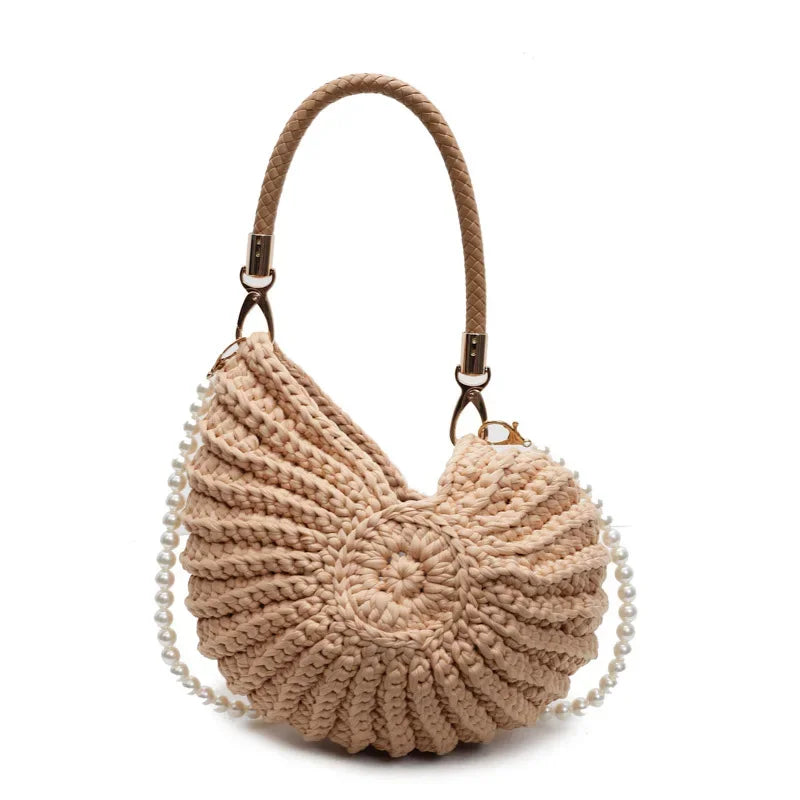 Crochet Conch Shell Bag | Elegant Pearl Chain Crossbody Purse Luxegan