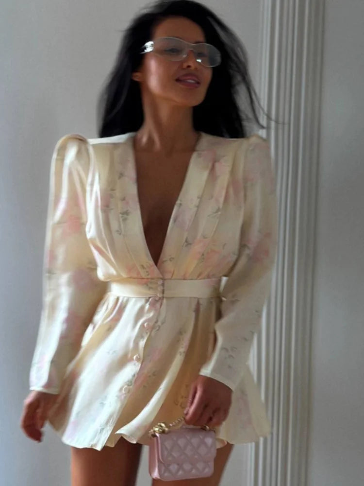 Elegant Floral Printed Mini Dress | Chic V-Neck Full Sleeve Single-Breasted Gown | Fashionable Slim Fit A-Line Short Dress | Premium Tatting Non-Stretch Summer Party Robe Luxegan