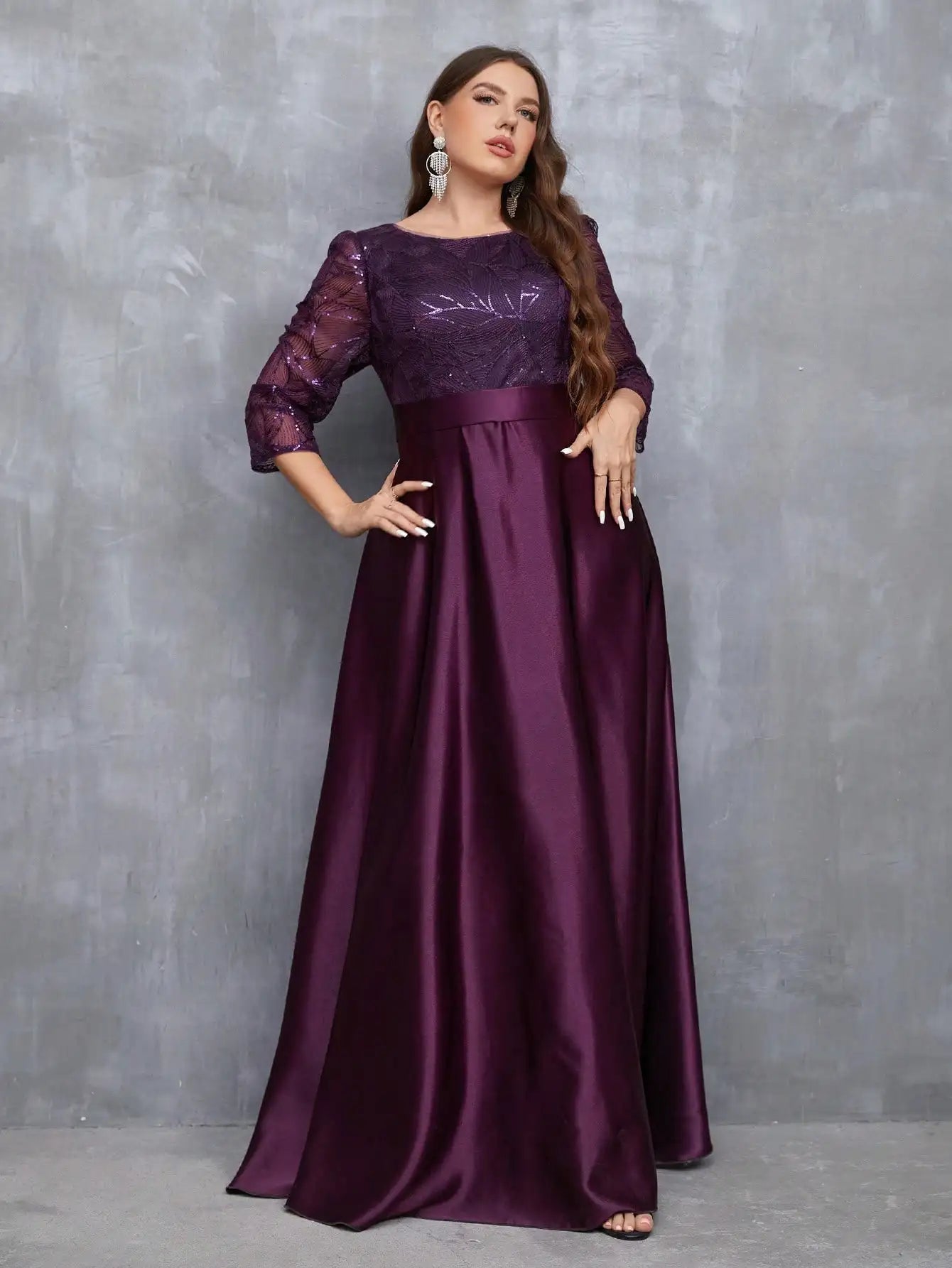 Elegant Crew Neck Sequin Patchwork Satin Ball Gown | Long Sleeve Fit & Flare Party Dress | Premium Solid Color Ankle-Length Bridesmaid Dress | Regular Fit O-Neck Tatting Evening Dress Luxegan