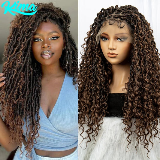 Faux Locs Braided Wigs Synthetic Dreadlock Braided Wigs With Curly Ends 26inch Lace Front Knotless Box Braids Wig with Baby Hair Luxegan