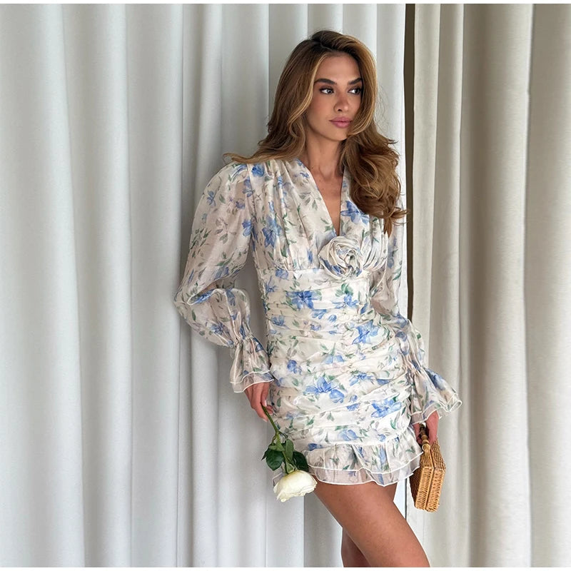 Organza Floral Printed Maxi Dress V-Neck  Puff Sleeve 2026 Spring/Summer Romantic Women Party Gown Fashion Elegant Lady Vestidos