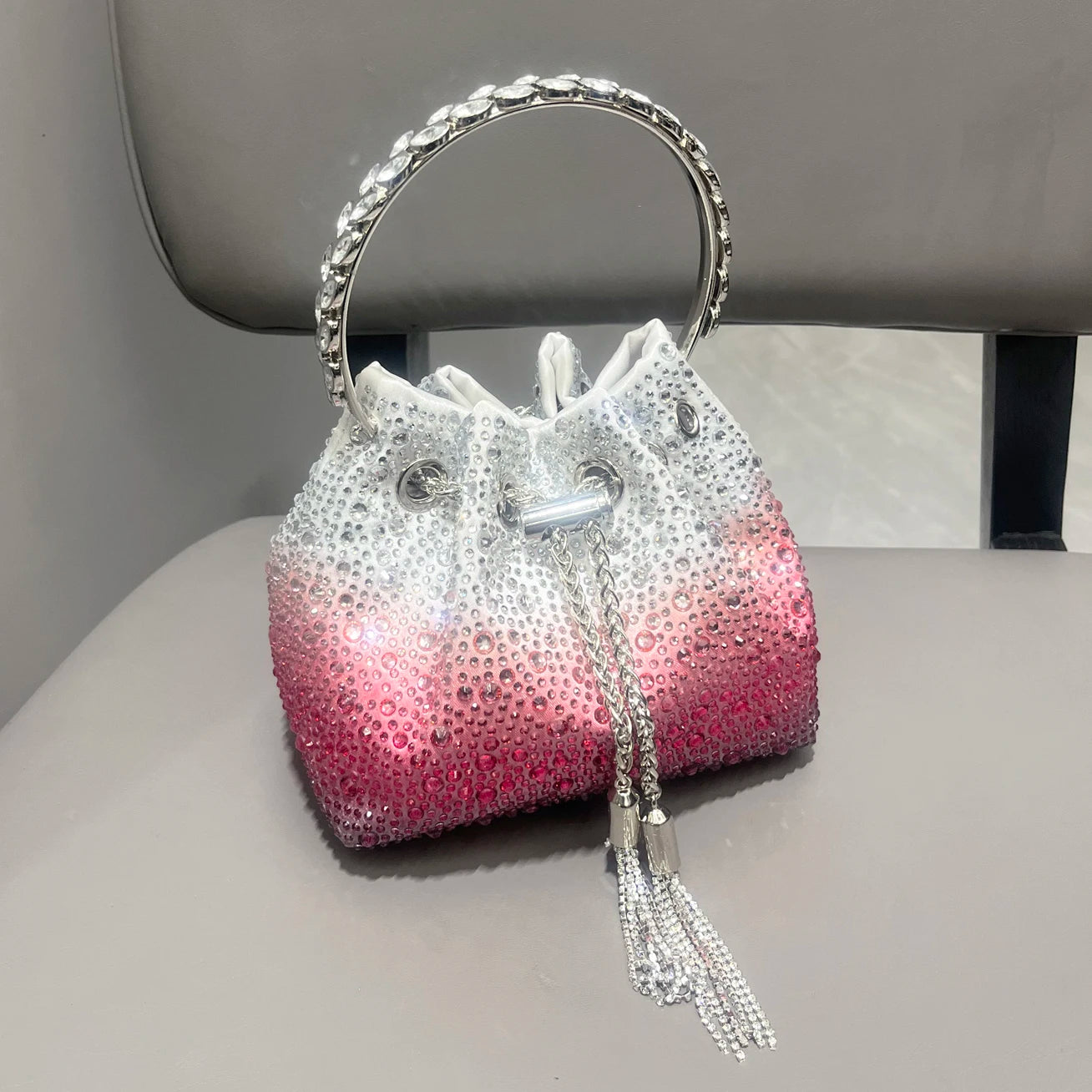 Luxury Designer Rhinestone Evening Clutch | Shiny Crystal Bucket Handbag & Fashion Shoulder Bag Luxegan