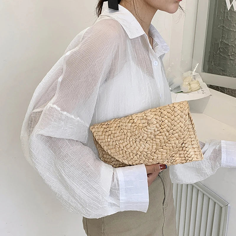 Handmade Straw Envelope Bag | Soft Beach Crossbody Purse Luxegan