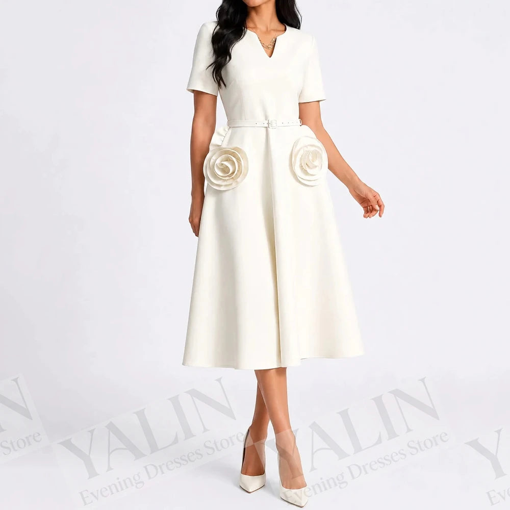  Flowers Sashes V-Neck Short Sleeve Tea-Length A-Line Prom Dress Luxegan
