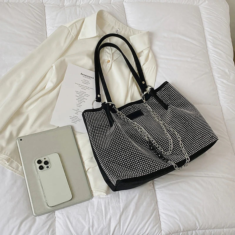 Women's Luxury Design Shopper Tote | Large-Capacity PU Leather Rhinestone Handbag Luxegan