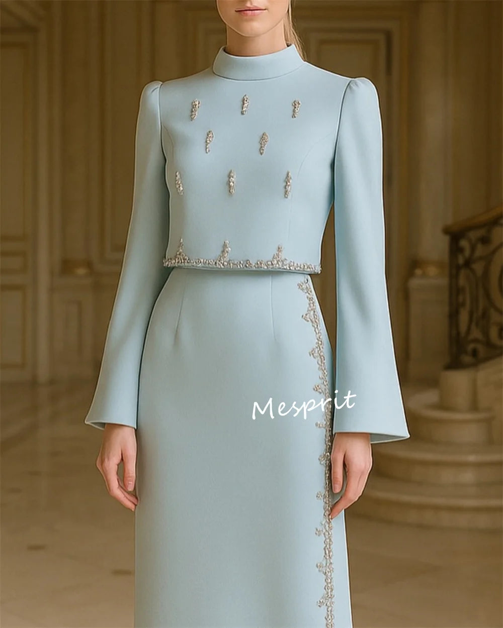 Sequined High Collar Formal Midi Dress Luxegan