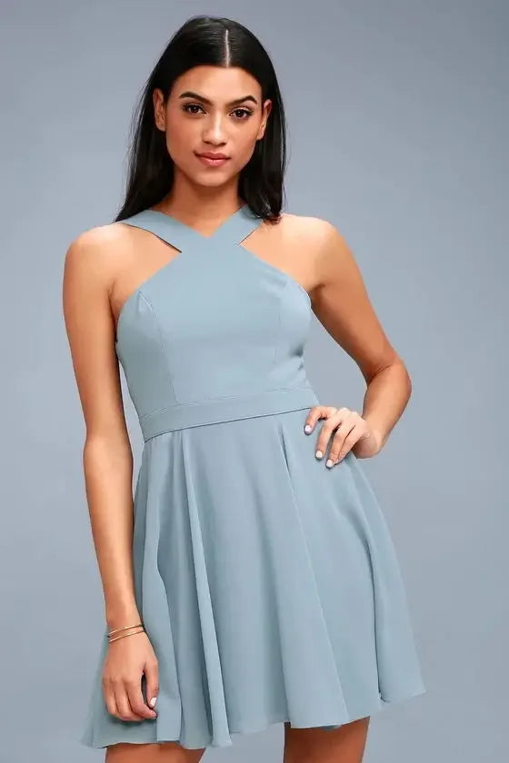 Solid Halter Sleeveless Hollow-Out Loose Fit A-Line Mini Dress – Non-Stretch Chiffon, Empire Waist, Summer Luxegan