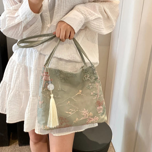 New Chinese Style Retro Silk Jacquard Bag | Sophisticated Minimalist Fashion Shoulder Bag | Elegant Single Strap Diagonal Crossbody | Luxury Silk Women’s Square Handbag with Smart Interior Luxegan