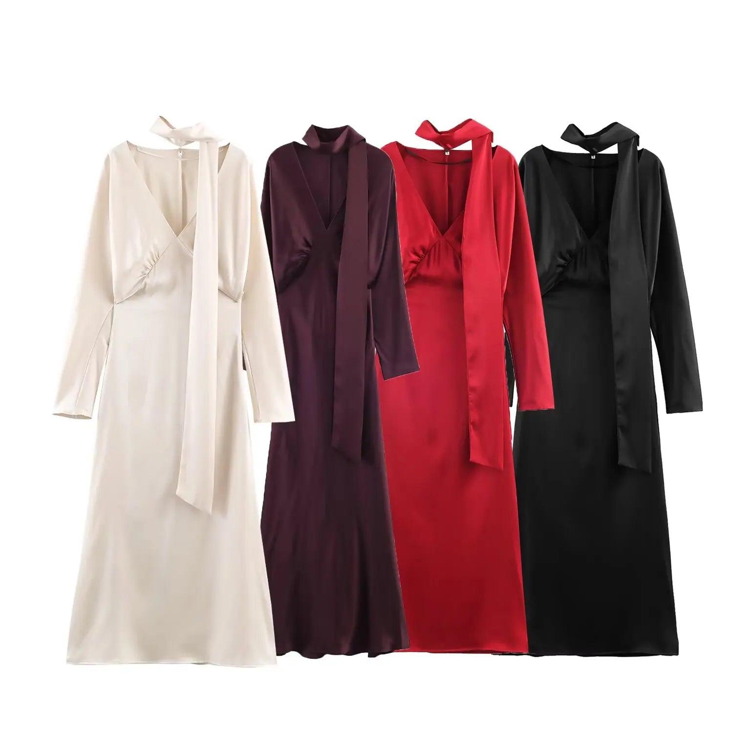 Satin V-Neck Midi Dress with Scarf | Long Sleeve A-Line Chic Elegant Casual Dress Luxegan