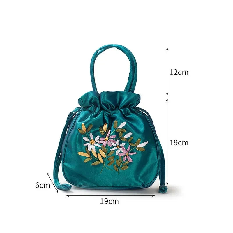 Bolsos Retro Bordados con Cordón Bolsas de Almacenamiento Carteras Monederos Tarjeteros Bolsos de Hombro Tipo Cubo Bolsos de Muñeca