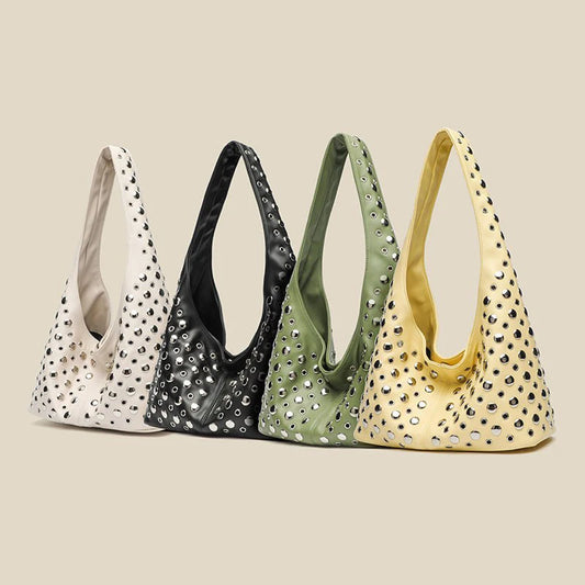 Women's New Round Dot Rivet Handbag | Fashion Solid Color Bucket Bag | Premium PU Leather Underarm Shoulder Tote | Versatile Unisex Fashion Bag Model 8699 with Polyester Lining Luxegan