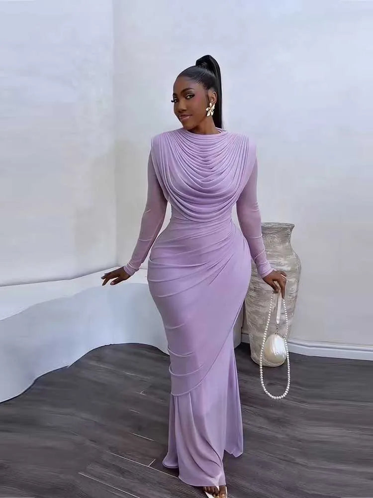 Solid Round Neck Long Sleeve Draped Detail Regular Fit Sheath Ankle-Length Mesh Dress – Natural Waist, Spring/Summer Luxegan