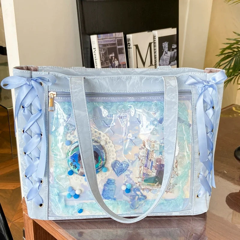 New Versatile Fashion Ribbon Ita Bag | Large Capacity Anime Millet Bag | Sophisticated Green Lace & Bow Shoulder Tote | Fashion-Forward Canvas Daily Outfit Bag with Artisan Charm Luxegan