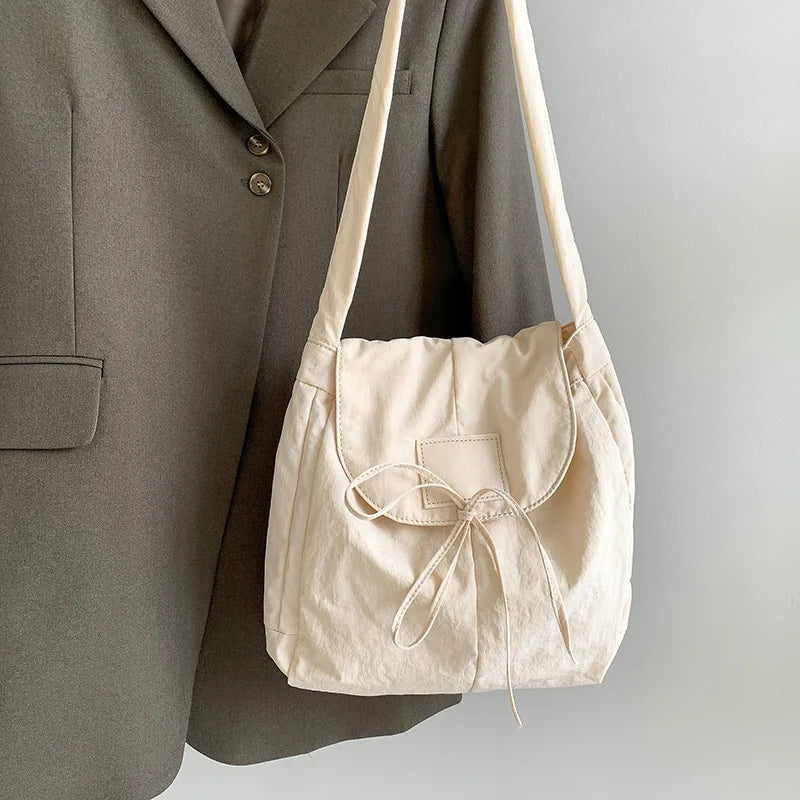 Vintage Flap Nylon Bow Crossbody Bag | Large Autumn Commuter Shoulder Bag & Simple Messenger Bag Luxegan
